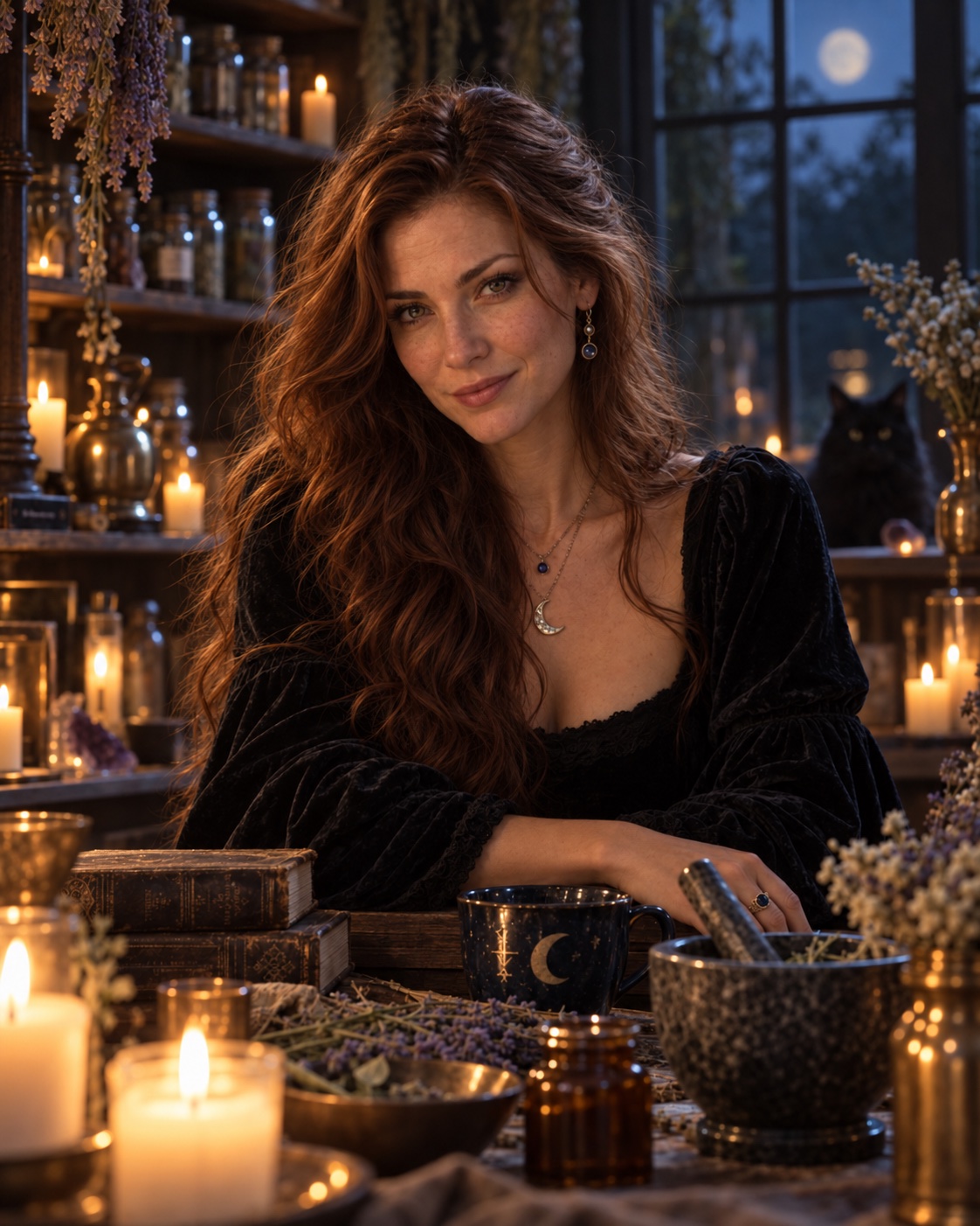 Portrait of author Annabel Poe by candlelight, surrounded by dried herbs and a black cat